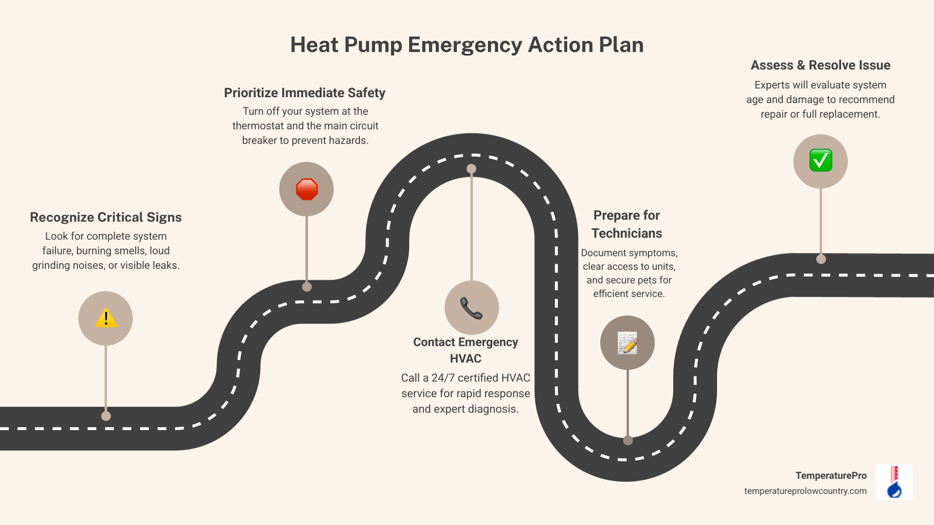 Infographic showing decision tree for heat pump emergencies: top shows warning signs like no airflow, strange smells, and loud noises; middle shows immediate safety steps including turning off power and calling professionals; bottom shows when repair versus replacement is needed based on age and damage severity - heat pump installation emergency in hilton head island, sc infographic roadmap-5-steps Infographic showing decision tree for heat pump emergencies: top shows warning signs like no airflow, strange smells, and loud noises; middle shows immediate safety steps including turning off power and calling professionals; bottom shows when repair versus replacement is needed based on age and damage severity - heat pump installation emergency in hilton head island, sc infographic roadmap-5-steps