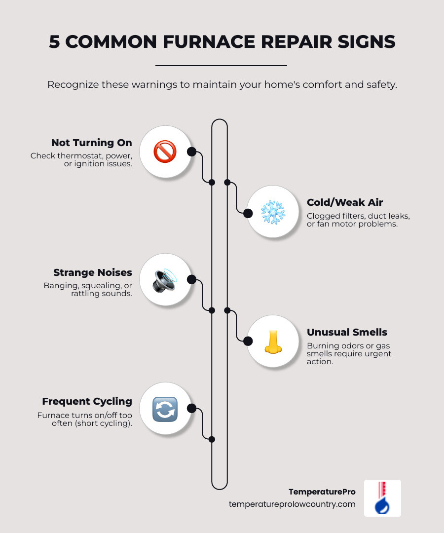 Infographic showing 5 common signs your furnace needs repair: furnace not turning on, blowing cold or weak air, strange noises like banging or squealing, burning or unusual smells, and frequent cycling on and off - furnace repair company in bluffton, sc infographic infographic-line-5-steps-elegant_beige