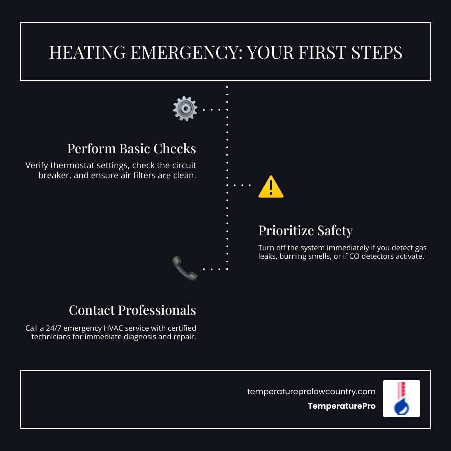 Infographic showing the 5 critical steps homeowners should take during a heating emergency: 1) Check thermostat and power supply, 2) Turn off system if safety concerns arise, 3) Call 24/7 emergency service immediately, 4) Clear access path to heating unit, 5) Document system symptoms and age for technician - heating installation emergency in hilton head island, sc infographic infographic-line-3-steps-dark