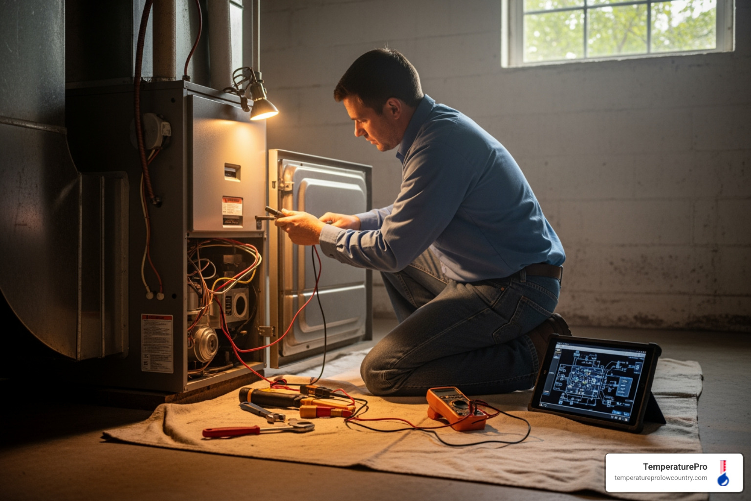 Infographic showing how a home furnace works: thermostat signals heating need, gas valve opens, igniter lights burners, heat exchanger warms air, blower motor distributes warm air through ductwork throughout the home - furnace repair in bluffton, sc