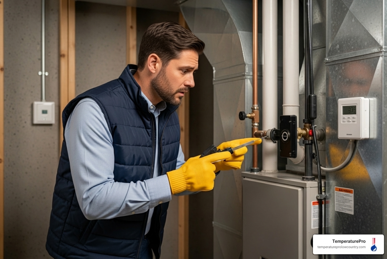 Infographic showing 5 key warning signs your furnace needs repair: unusual noises like banging or squealing, weak or no airflow from vents, thermostat not responding or inaccurate, yellow pilot light instead of blue, and sudden spike in energy bills - furnace repair best in bluffton, sc