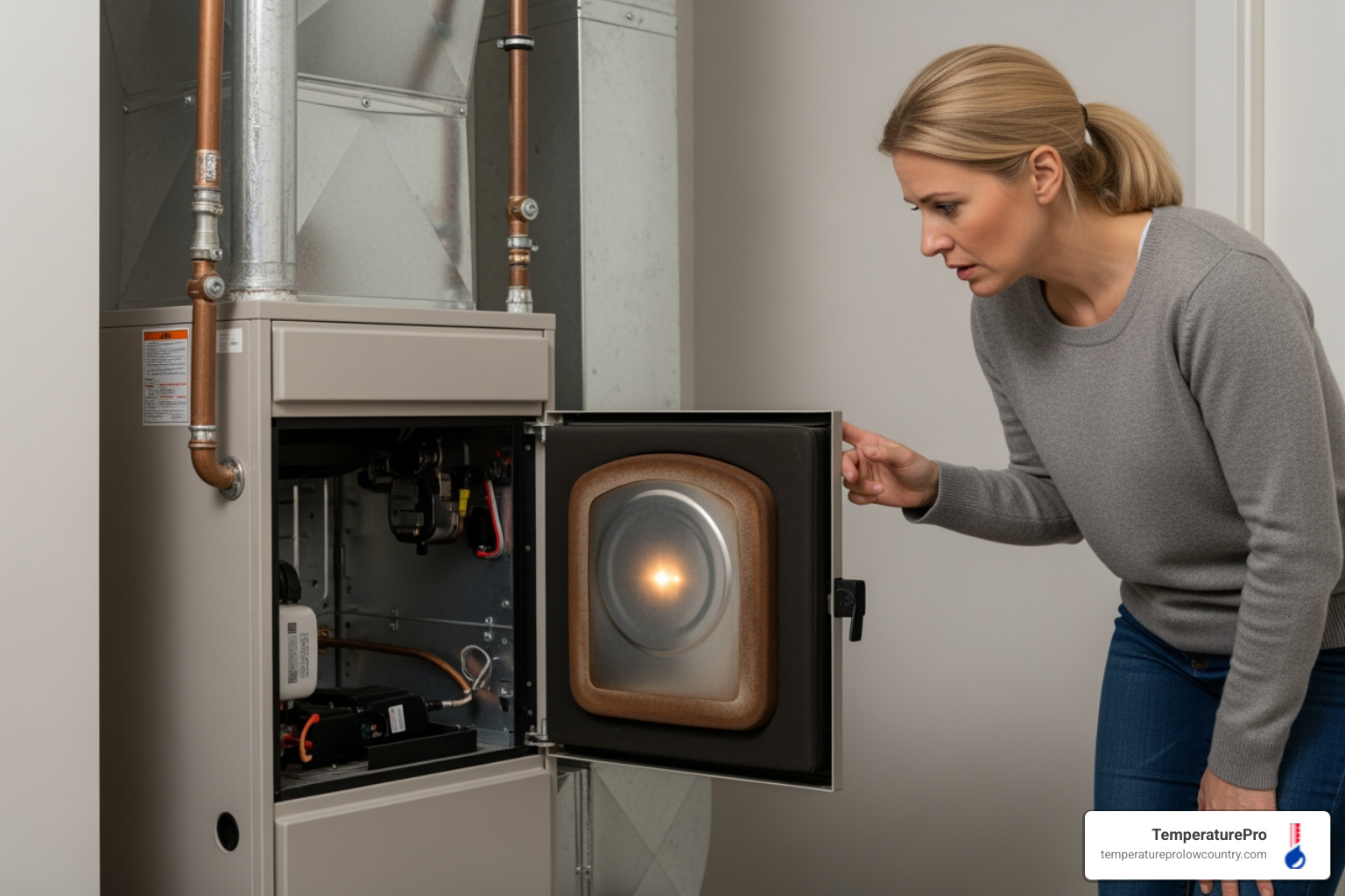 infographic showing five critical heating emergency signs: no heat production, gas or burning smell, loud grinding or banging noises, discolored pilot light, and carbon monoxide alarm sounding, with safety icons and immediate action steps for each - heating maintenance emergency in bluffton, sc