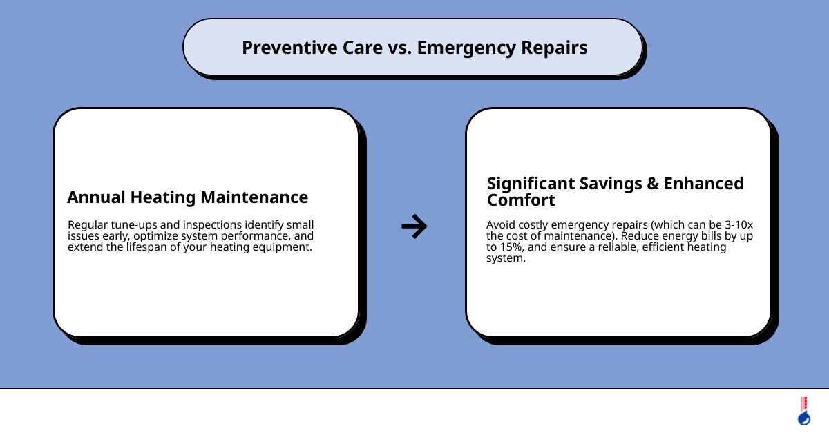 infographic showing how annual maintenance costs prevent expensive emergency repairs, with comparison of preventive maintenance investment versus emergency repair costs, system efficiency improvements, and extended equipment lifespan benefits - heating maintenance affordable in bluffton, sc infographic cause_effect_text infographic showing how annual maintenance costs prevent expensive emergency repairs, with comparison of preventive maintenance investment versus emergency repair costs, system efficiency improvements, and extended equipment lifespan benefits - heating maintenance affordable in bluffton, sc infographic cause_effect_text