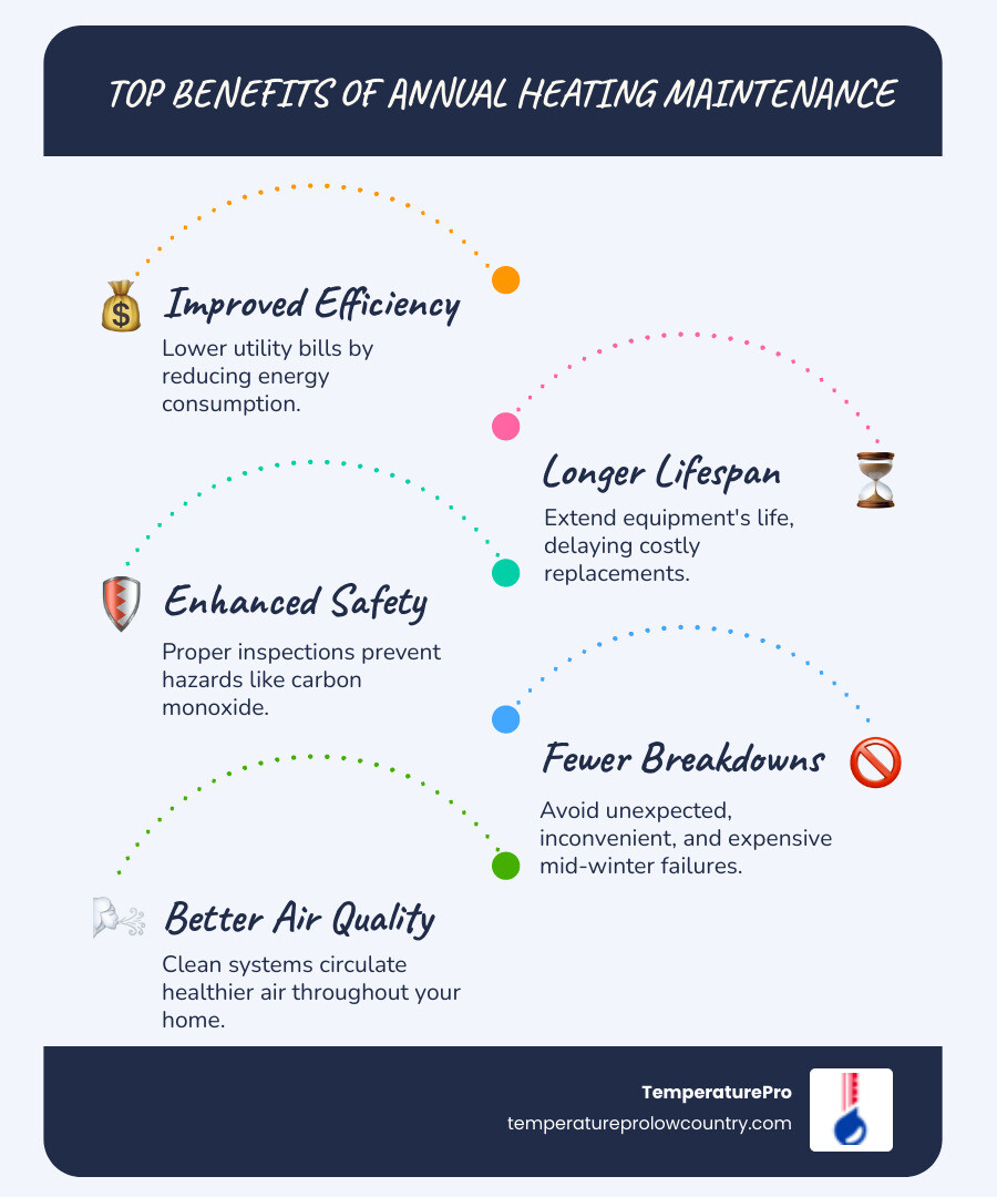 Infographic showing the top benefits of annual heating maintenance: improved energy efficiency with lower utility bills, extended equipment lifespan saving replacement costs, enhanced safety through proper inspections, fewer emergency breakdowns, and better indoor air quality for healthier living - heating maintenance home in bluffton, sc infographic infographic-line-5-steps-blues-accent_colors