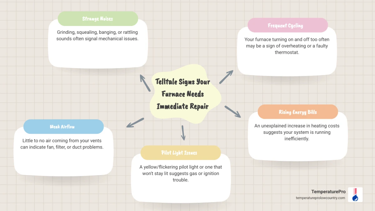 infographic showing warning signs of furnace failure including strange noises, weak airflow, pilot light problems, frequent cycling, rising energy bills, and uneven heating throughout the home - furnace repair 24 hour in bluffton, sc infographic mindmap-5-items