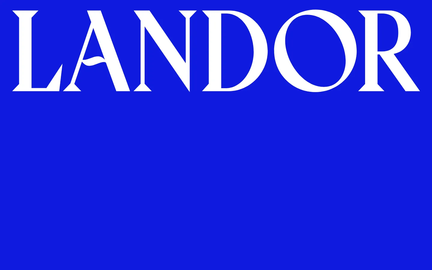 Landor website homepage — oversized white Landor wordmark on a bright blue background