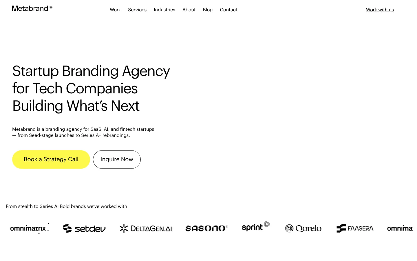 Metabrand website homepage — startup branding agency for tech companies, with logos of seed to Series A clients