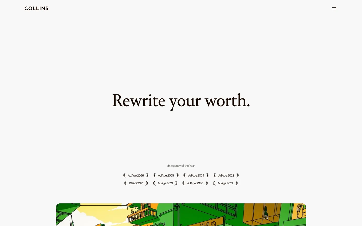 Collins website homepage — headline “Rewrite your worth.” with Ad Age Agency of the Year badges