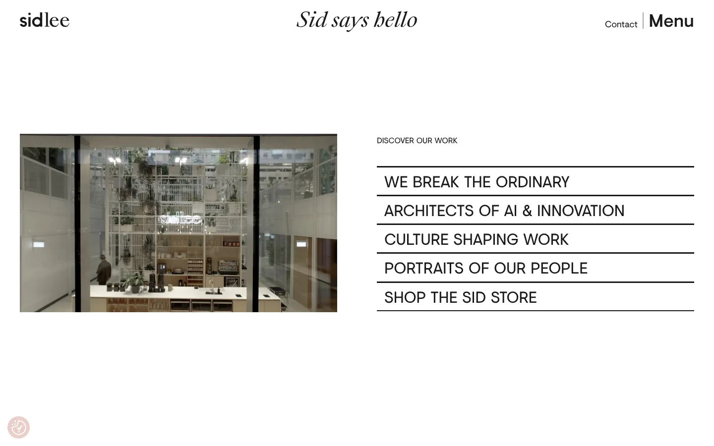 Sid Lee website homepage — “Sid says hello” with a studio photo and a list of work categories