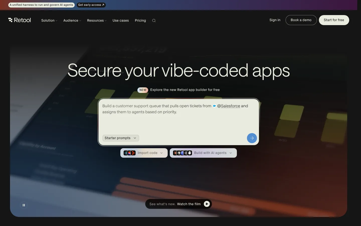 Retool website homepage — dark hero “Secure your vibe-coded apps” with an AI prompt box