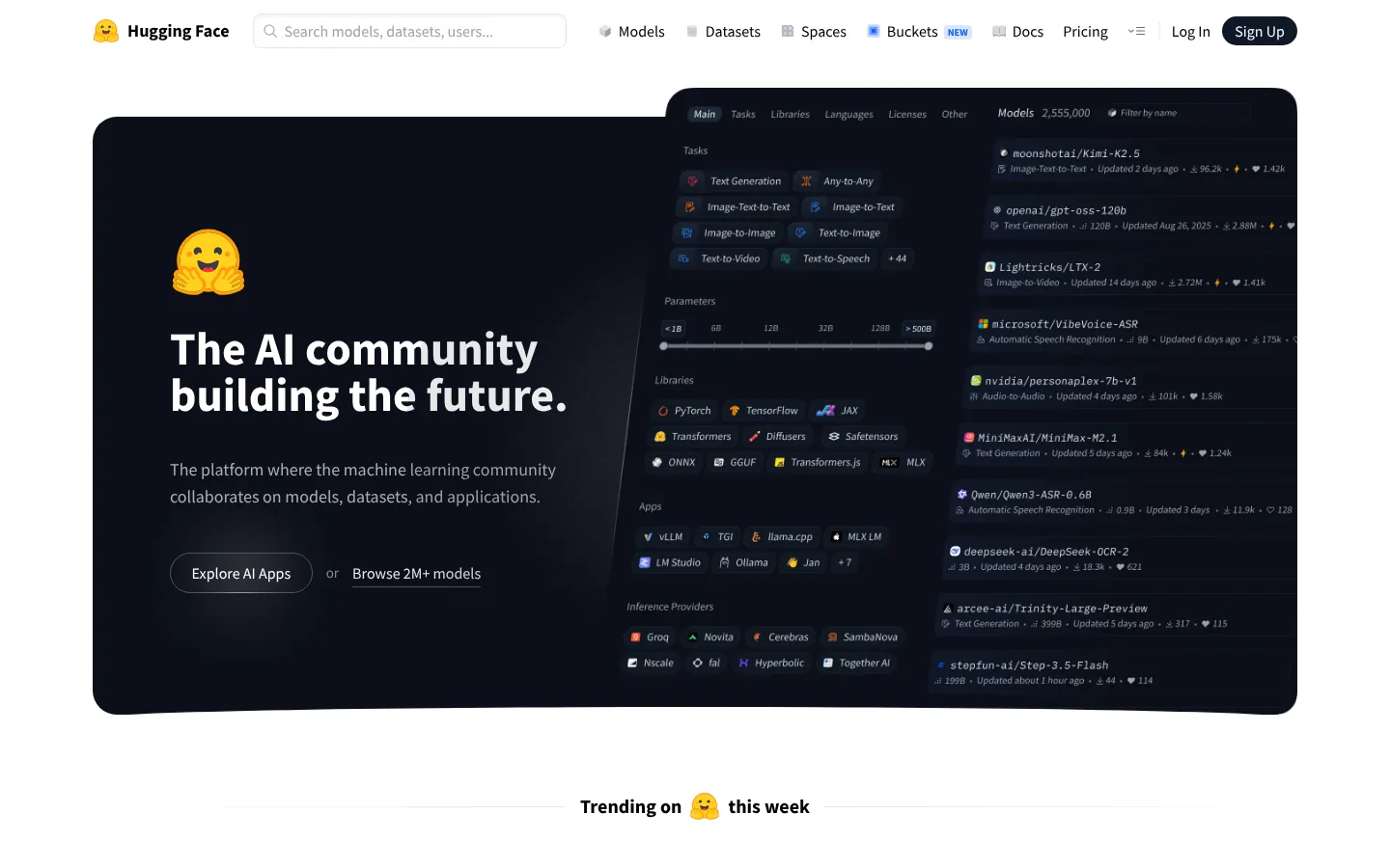 Hugging Face website homepage — “The AI community building the future.” next to a model browser