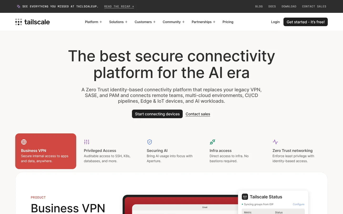 Tailscale website homepage — “The best secure connectivity platform for the AI era” with product cards