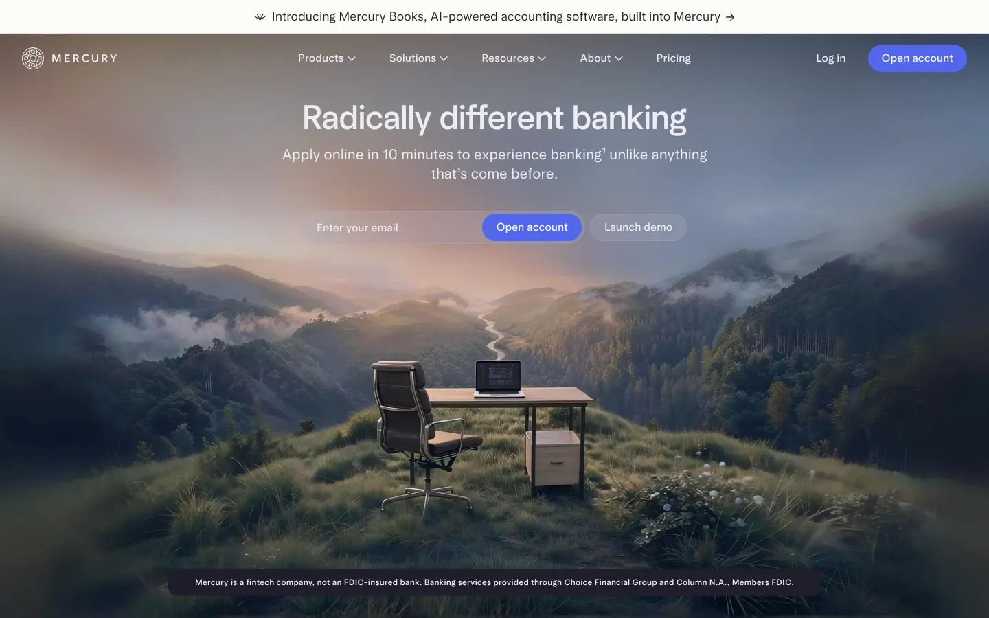Mercury website homepage — “Radically different banking” over a desk on a misty mountain ridge