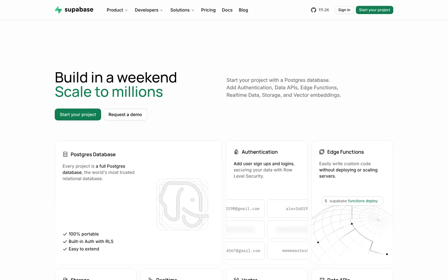 Supabase website homepage — “Build in a weekend, Scale to millions” with Postgres, Auth and Edge Functions cards