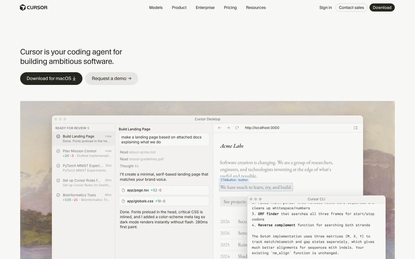 Cursor website homepage — “Cursor is your coding agent for building ambitious software” above the Cursor editor