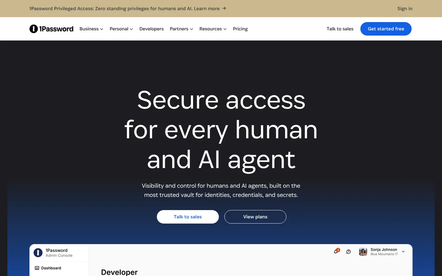 1Password website homepage — “Secure access for every human and AI agent” above the Admin Console