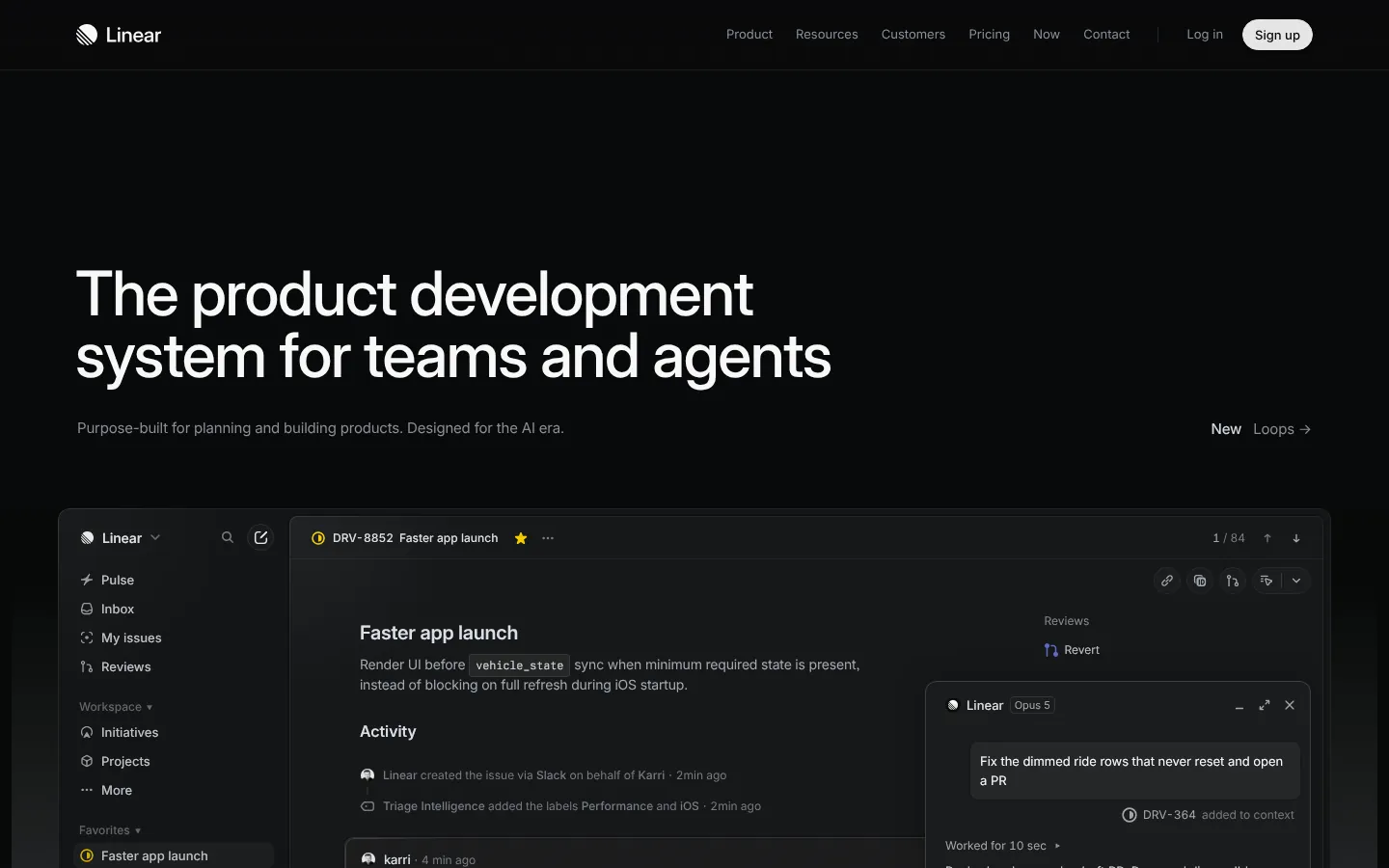 Linear website homepage — dark hero “The product development system for teams and agents” above the Linear app interface