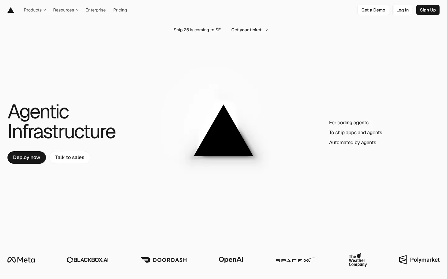 Vercel website homepage — “Agentic Infrastructure” headline beside the black Vercel triangle