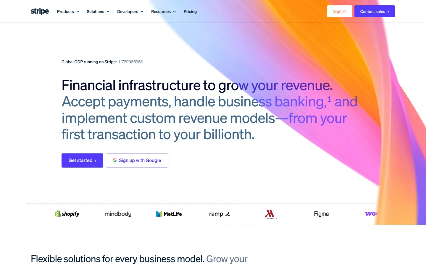 Stripe website homepage — “Financial infrastructure to grow your revenue” with customer logos below