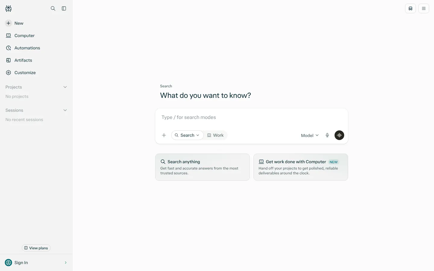 Perplexity website homepage — the search box “What do you want to know?” inside the app interface