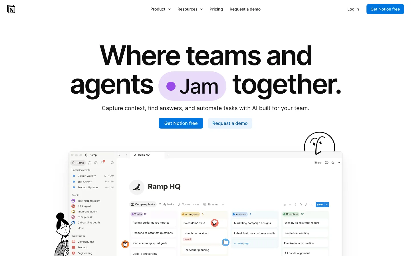 Notion website homepage — “Where teams and agents Jam together” above a Notion workspace preview