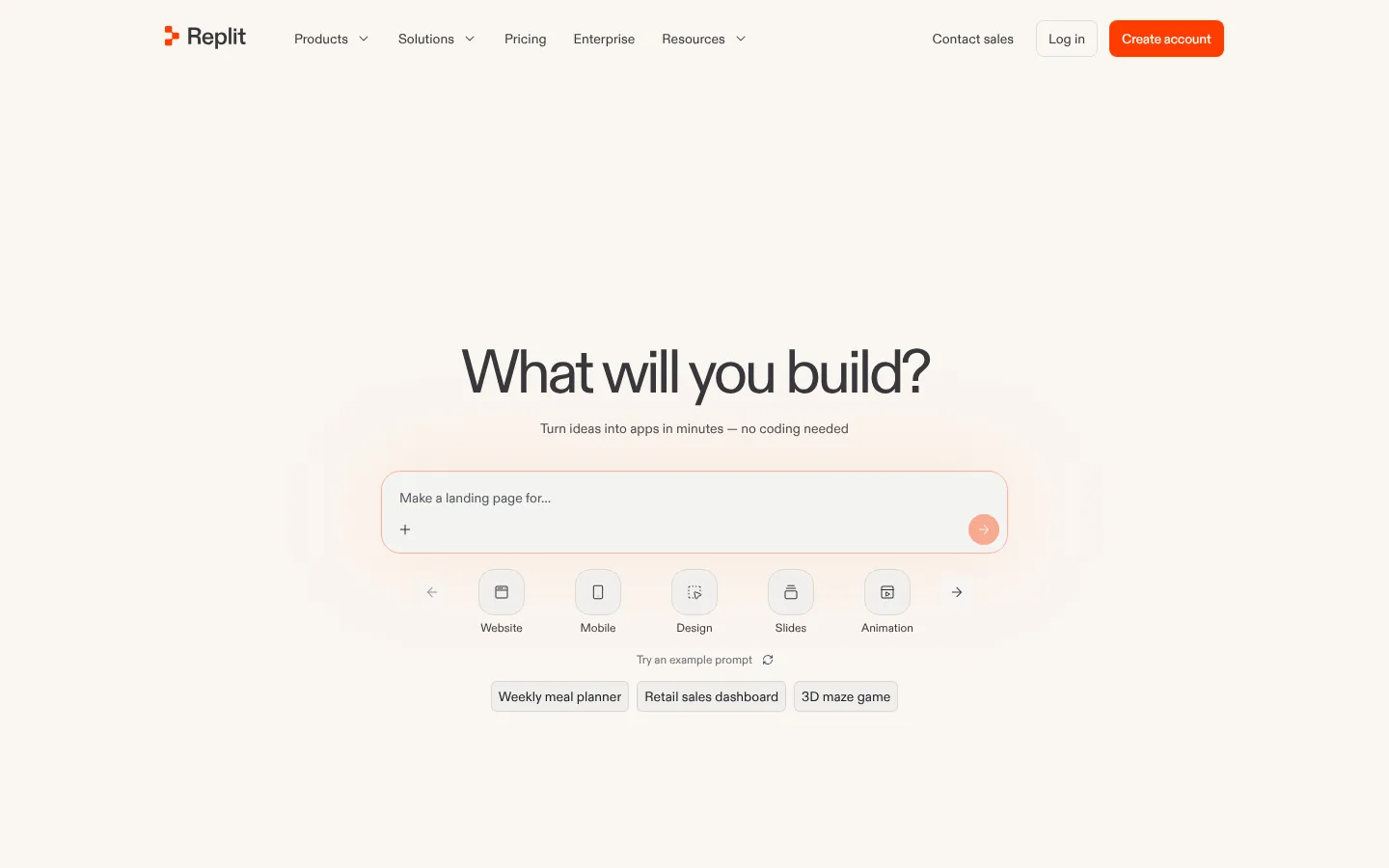 Replit website homepage — “What will you build?” with an AI app-builder prompt
