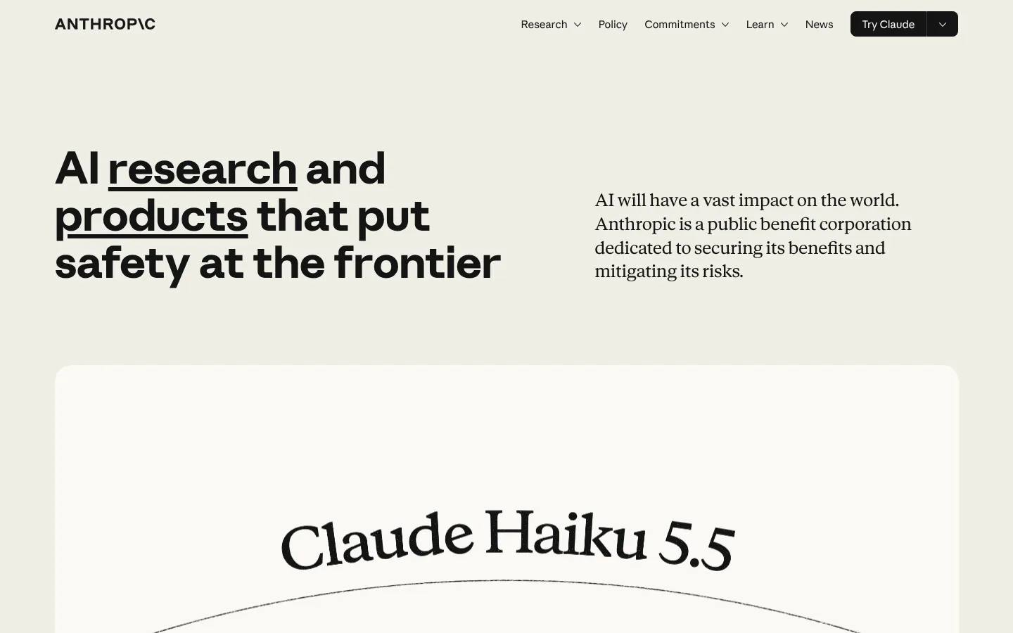 Anthropic website homepage — “AI research and products that put safety at the frontier” in serif type on a cream background