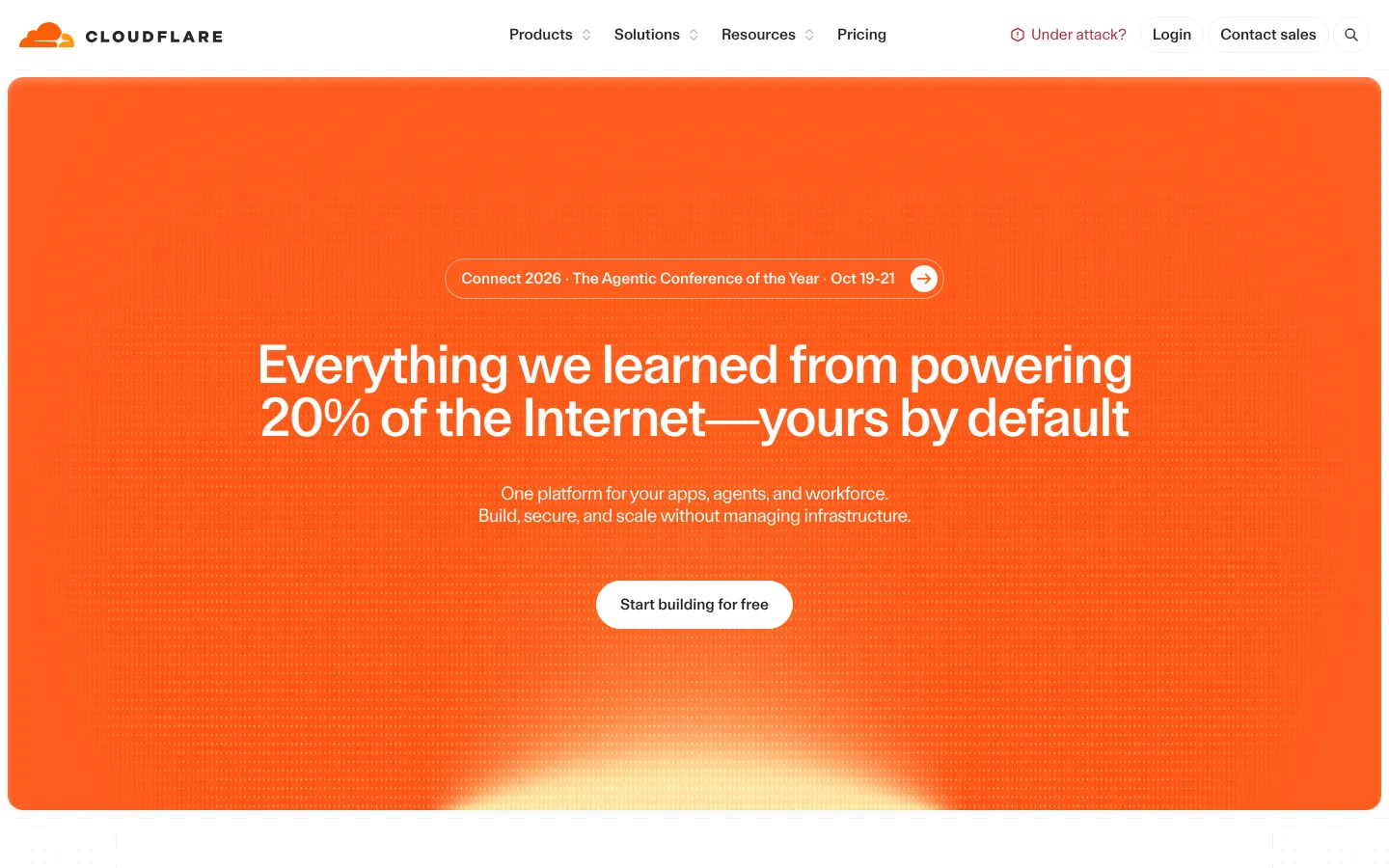 Cloudflare website homepage — orange hero “Everything we learned from powering 20% of the Internet—yours by default”