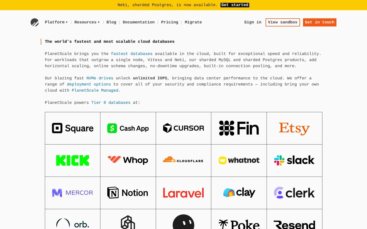 PlanetScale website homepage — monospace copy and a grid of customer logos including Square, Cursor and Slack