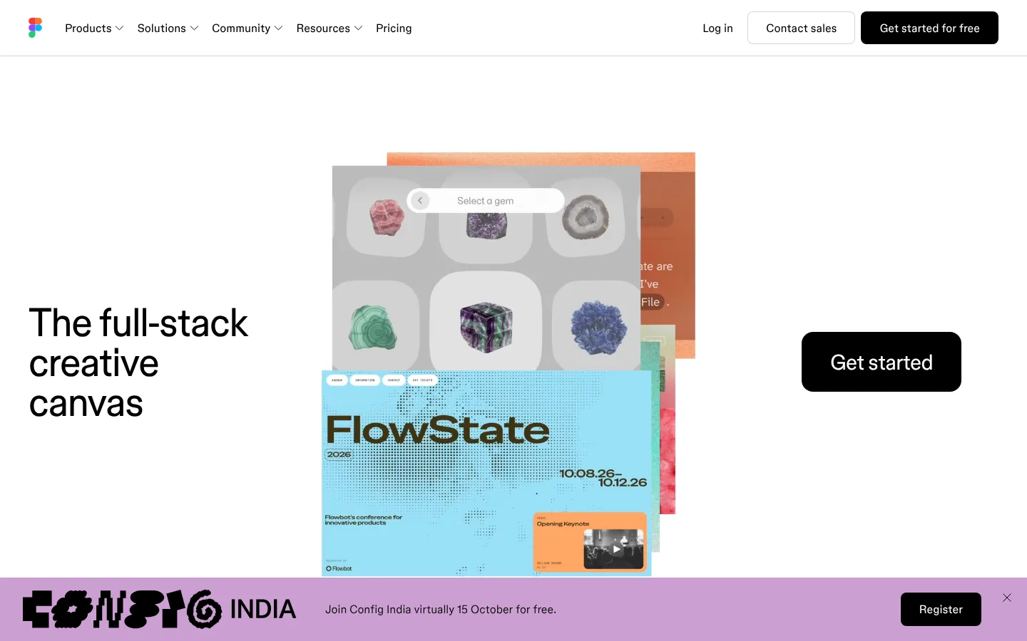 Figma website homepage — “The full-stack creative canvas” with a stack of design files