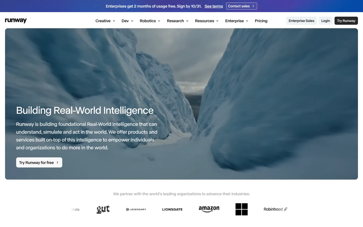 Runway website homepage — “Building Real-World Intelligence” over a generated snow-and-ice landscape