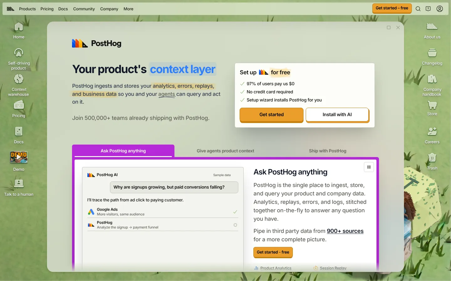 PostHog website homepage — desktop-style window with “Your product’s context layer” and a sign-up panel