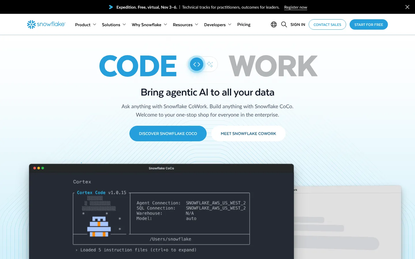 Snowflake website homepage — “Code Work” headline, “Bring agentic AI to all your data” and a terminal preview