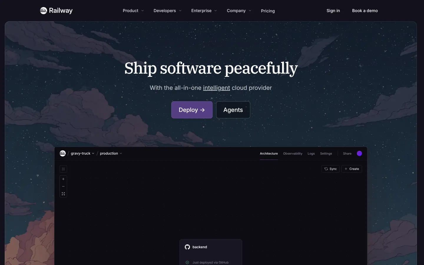 Railway website homepage — “Ship software peacefully” on a dark starry illustration