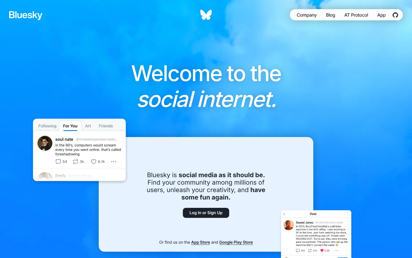 Bluesky website homepage — “Welcome to the social internet.” over a blue sky with app screens