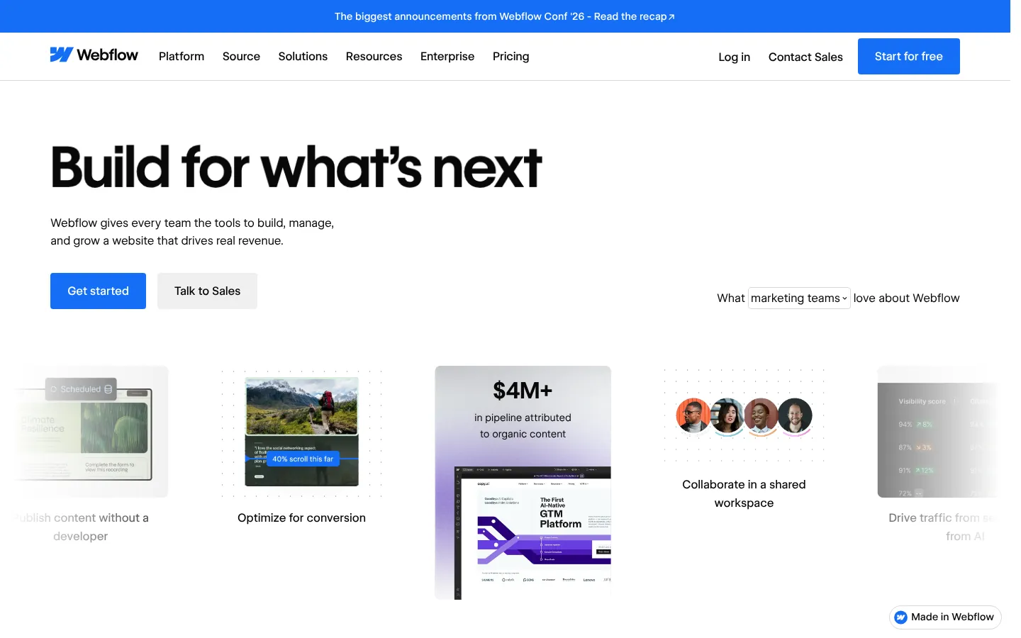 Webflow website homepage — “Build for what’s next” with product preview cards