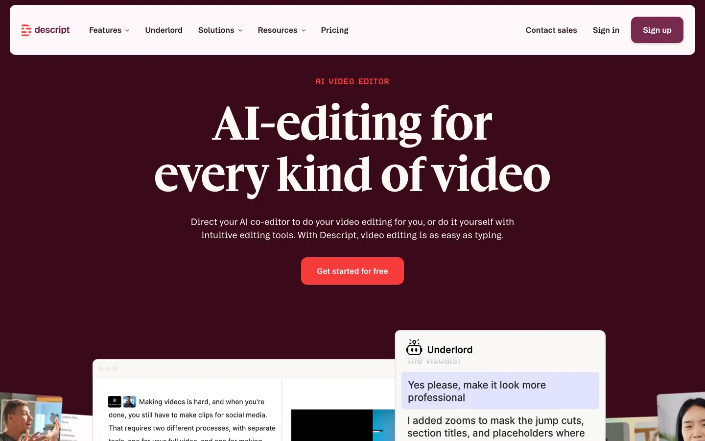 Descript website homepage — “AI-editing for every kind of video” on a deep burgundy background