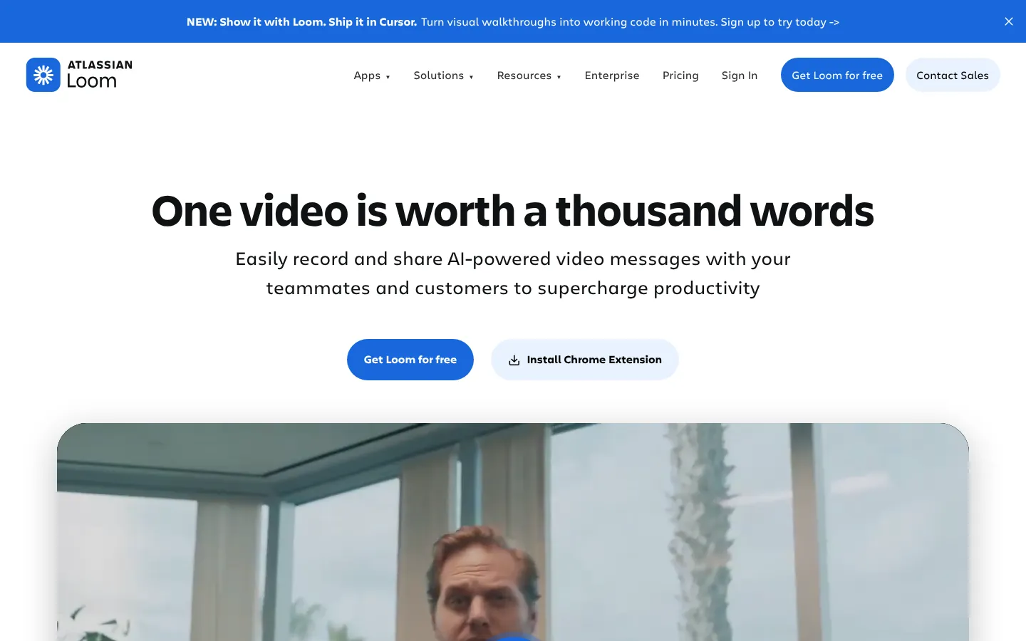 Loom website homepage — “One video is worth a thousand words” above a video recording preview