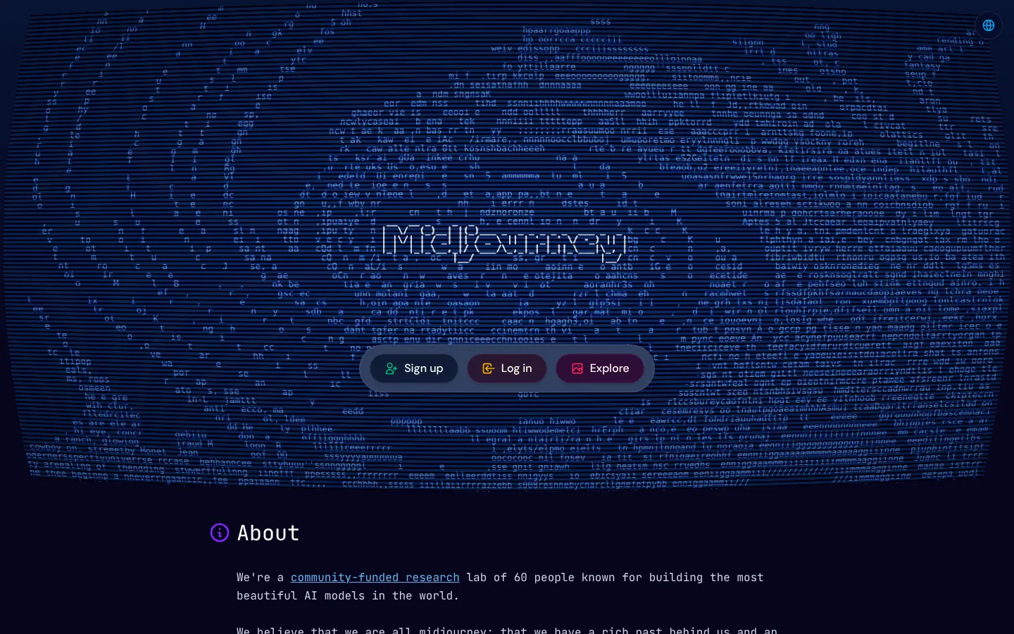 Midjourney website homepage — the Midjourney name drawn in blue ASCII-style particles on dark navy