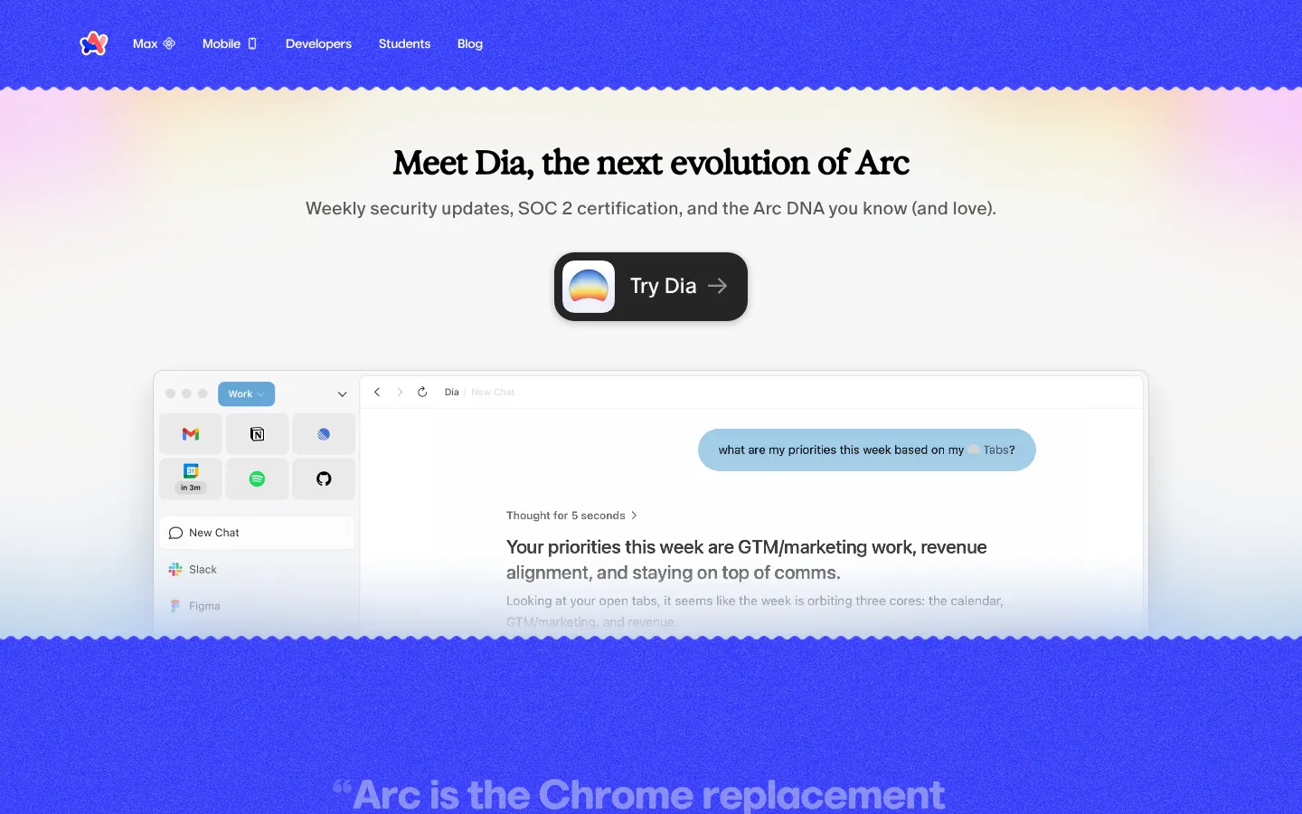 Arc website homepage — “Meet Dia, the next evolution of Arc” above a browser preview