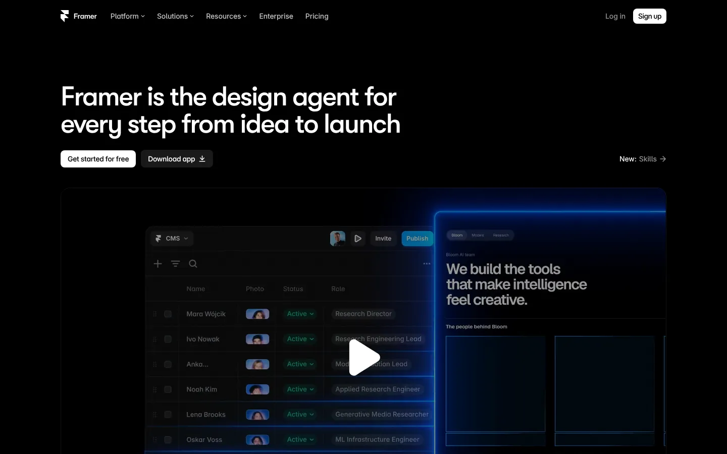 Framer website homepage — “Framer is the design agent for every step from idea to launch” above a dark product demo