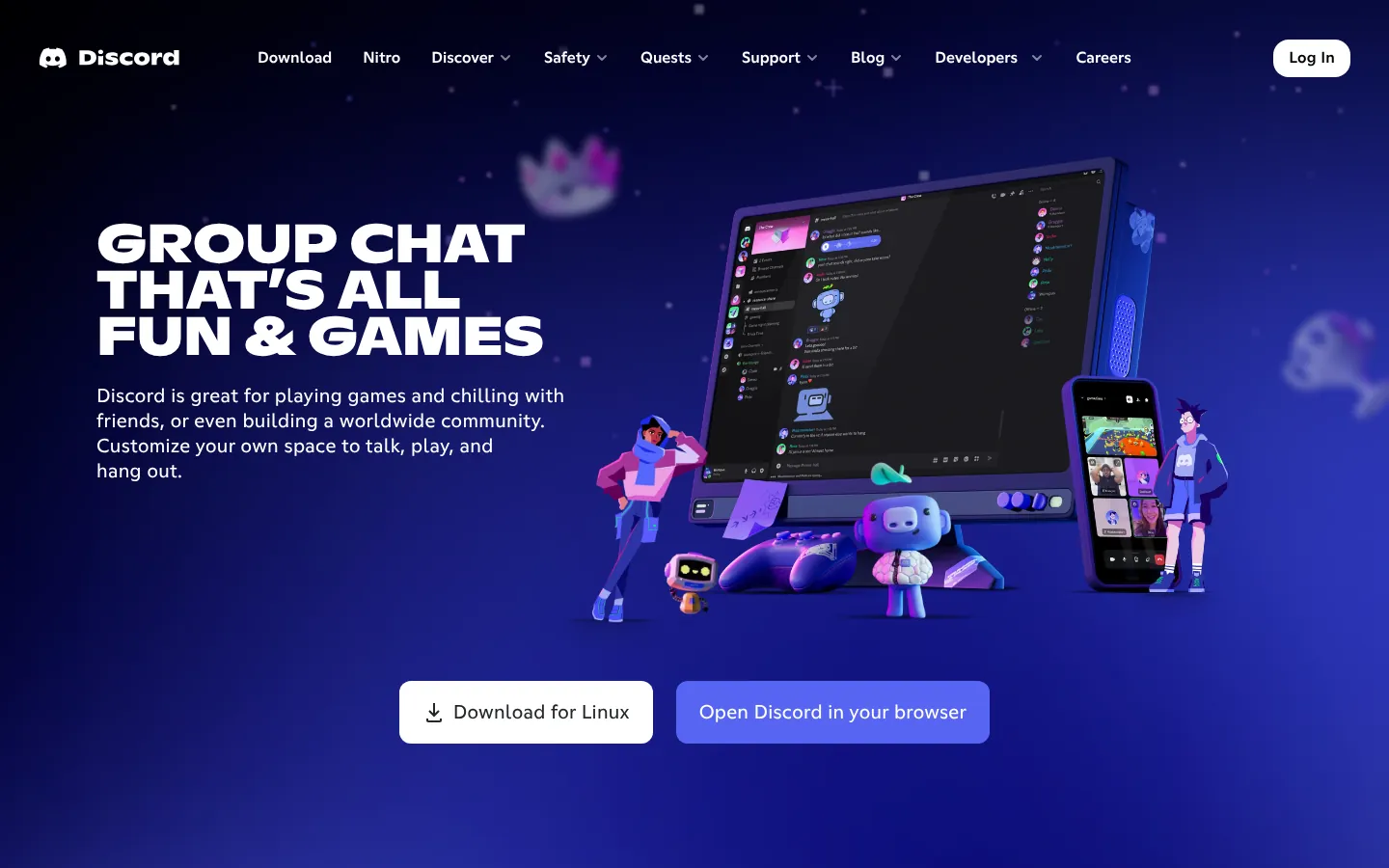 Discord website homepage — “Group chat that’s all fun & games” with an illustrated desktop and phone