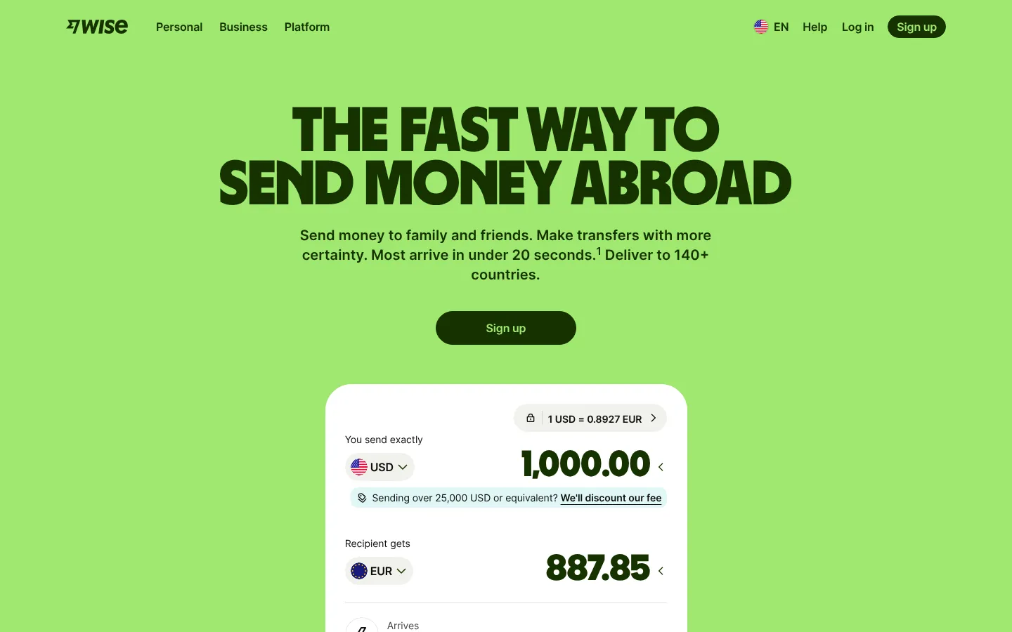 Wise website homepage — “The fast way to send money abroad” on bright green with a USD-to-EUR transfer calculator