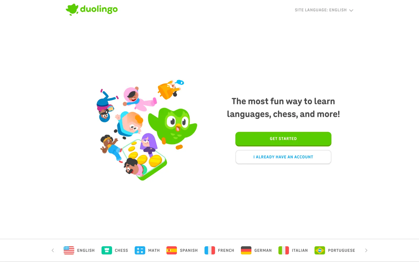Duolingo website homepage — Duo the owl with friends and “The most fun way to learn languages, chess, and more!”