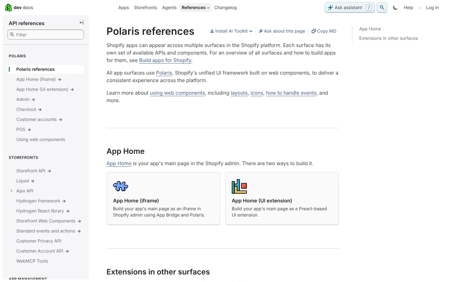 Shopify Polaris references on shopify.dev — documentation for Polaris web components and App Home