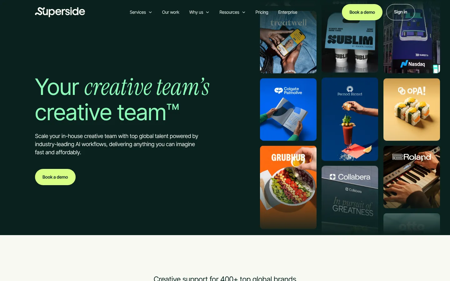Superside website homepage — “Your creative team’s creative team™” beside a grid of brand campaign work