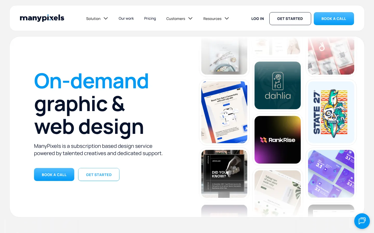 ManyPixels website homepage — “On-demand graphic & web design” with a collage of client design work