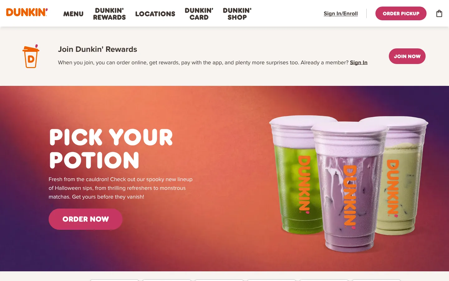 Dunkin’ website homepage — the Dunkin’ wordmark in orange and pink above a seasonal drinks promotion