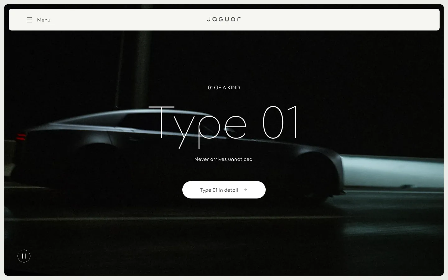 Jaguar website — “Type 01” hero on black with the new Jaguar wordmark in the navigation