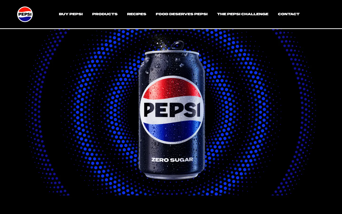 Pepsi website homepage — a Pepsi Zero Sugar can with the current Pepsi globe logo on a pulsing blue background